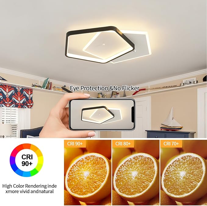 Modern LED Ceiling Light Fixture Dimmable Black Flush Mount Ceiling Light 20.08" Bedroom Ceiling Lamp with Remote Control Pentagonal Ceiling Light for Kitchen,Entryway,Balcony,Wardrobe