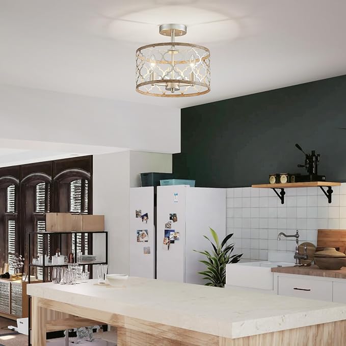 WUZUPS Chandelier 3-Light Vintage Farmhouse Semi-Flush Mount Ceiling Light Lighting Fixture for Foyer Bedroom Hallway Storage Room Kitchen Bathroom, H 9.8" x W 12.4", E12 Base, Nickel & Wood Imitaion