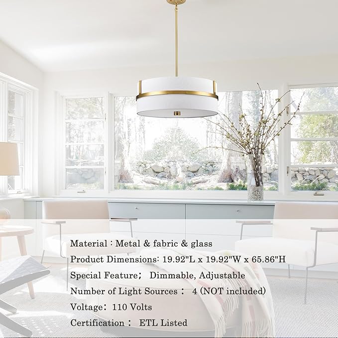 HYDELITE Gold Pendant Light Fixtures Drum Modern Pendant Light 4 Light with Linen Shade for Dinning Room Living Room Bedroom Kitchen Island