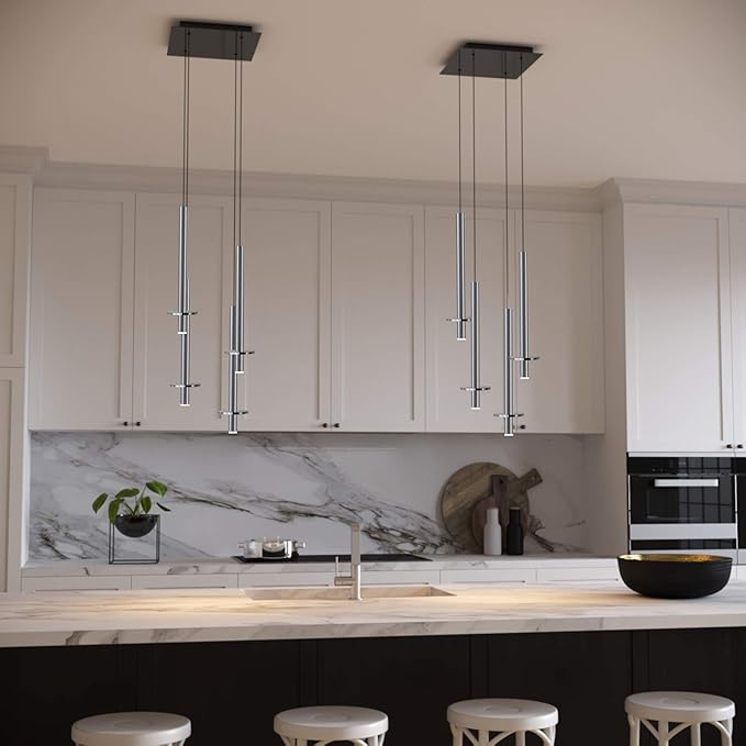 Draco 4 Pendant Lighting Nickel – LED Hanging Light Fixture for Kitchen Island, Bar, Foyer – Equilateral Cluster of Mini Metal Rod Pipe Tube Cylinders – Dimmable, Adjustable Wire, Lamp Bulb Included