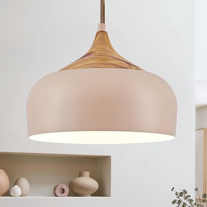 ELYONA 12 Inch Modern Pendant Light for Kitchen Island Farmhouse Hanging Lamp with Faux Pine Wood Grain Metal Shade, Adjustable Wabi Sabi Boho Ceiling Fixture for Dining Room Bedroom,Light Brown