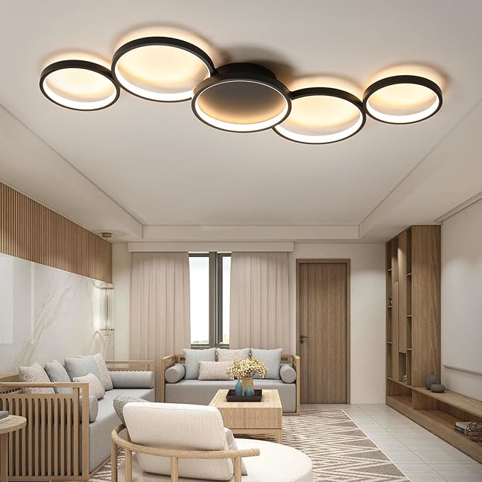 Modern LED Flush Mount Ceiling Light - 55w dimmable Ceiling Light Fixture, 5rings Ceiling lamp for Living Room,Bedroom,Dining Room,Office (Black)