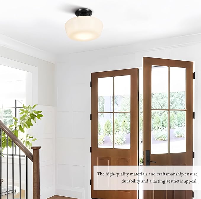 Schoolhouse Style Semi Flush Mount Ceiling Light Fixture, 12" Modern Hallway Ceiling Lamp with Opal Milk Glass Shade, Farmhouse Globe Light for Bedroom Kitchen Hallway Entryway Laundry