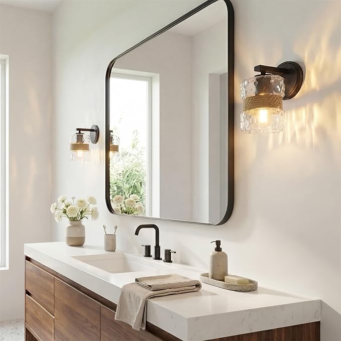Kira Home Sage 9.5" Farmhouse Hammered Glass Wall Sconce with Natural Rope Accent, Industrial Cylinder Glass Shade Wall Light, Textured Black Finish