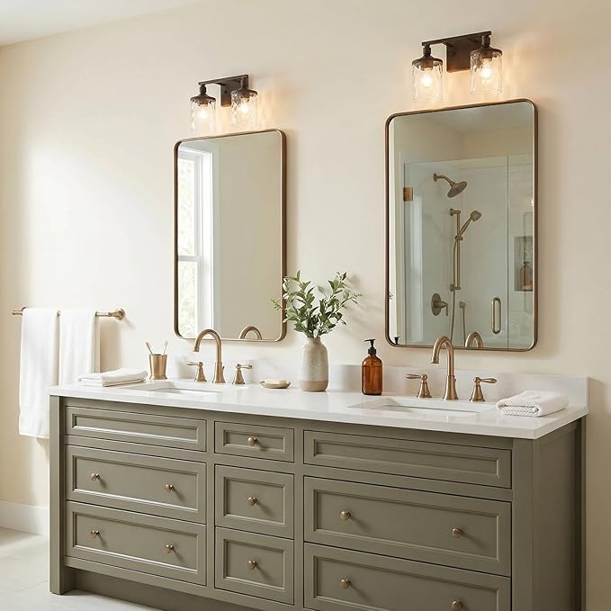 HomePlace Lighting 128821BZ-451 Colton Mid-Century Clear Water Glass Bathroom Vanity Wall Light, 2-Light 200 Total Watts, 10" H x 13" W, Bronze