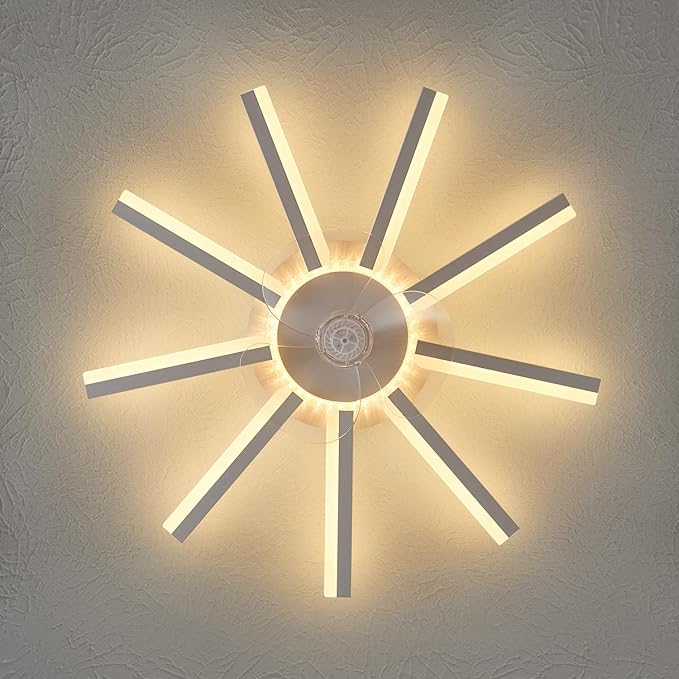 HuixuTe 27" White Straight Strip Geometric Ceiling Fan with Lights, 3 Colors 6 Speeds Low Profile Ceiling Fan with Light for Kitchen Bedroom