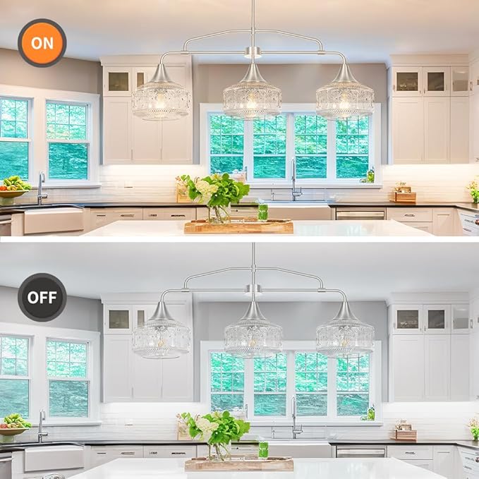 3-Light Island Light for Kitchen, Adjustable Farmhouse Kitchen Island Lighting with Clear Glass, Brushed Nickel Dining Room Light Fixture Over Table, Linear Chandelier Pendant Lighting over Sink