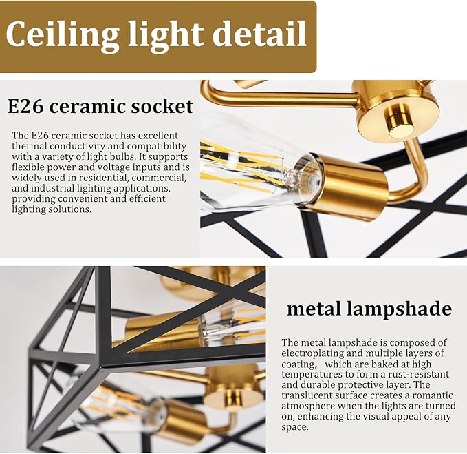 Modern Farmhouse Semi Flush Mount Ceiling Light,Industrial Black and Gold Ceiling Lighting Fixture,Hexagonal Close to Ceiling Lights for Kitchen, Hallway,Bedroom,Foyer,Laundry Room,14.6 Inch