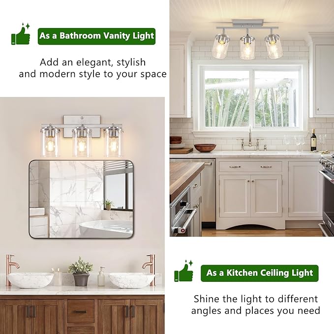 FadimiKoo 3-Lights Kitchen Light Fixtures Ceiling Mount, Brushed Nickel Adjustable Semi Flush Mount Ceiling Light with Clear Glass, Multi-Directional Track Spotlights for Kitchen Hallway Bathroom