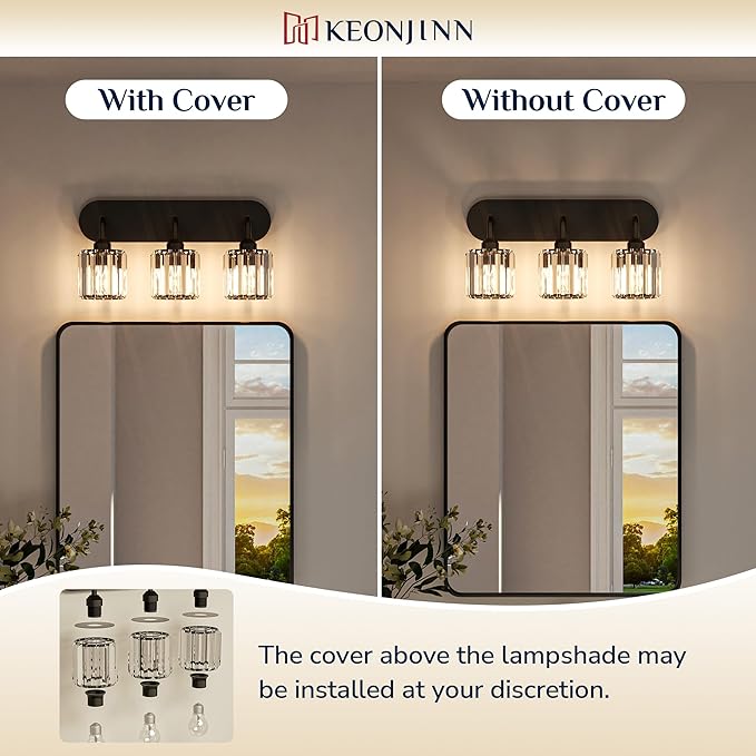 Keonjinn 5-Light Bathroom Light Fixtures, Crystal Black Bathroom Vanity Lights Over Mirror, Vanity Lighting Fixtures with Crystal Square Shades (E26 Socket, Exclude Bulb)