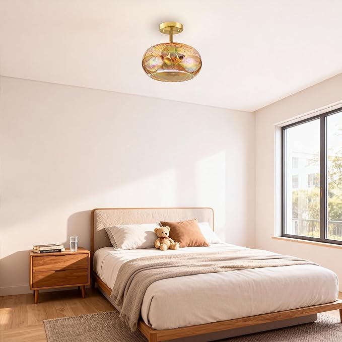 Ceiling Light Fixture, 14''& 3-Light Amber Vintage Semi Flush Mount Ceiling Light, Brass Rainbow Indoor Lampshade for Farmhouse, Bedroom, Kitchen, Living Room, Hallway Bulbs Not Included