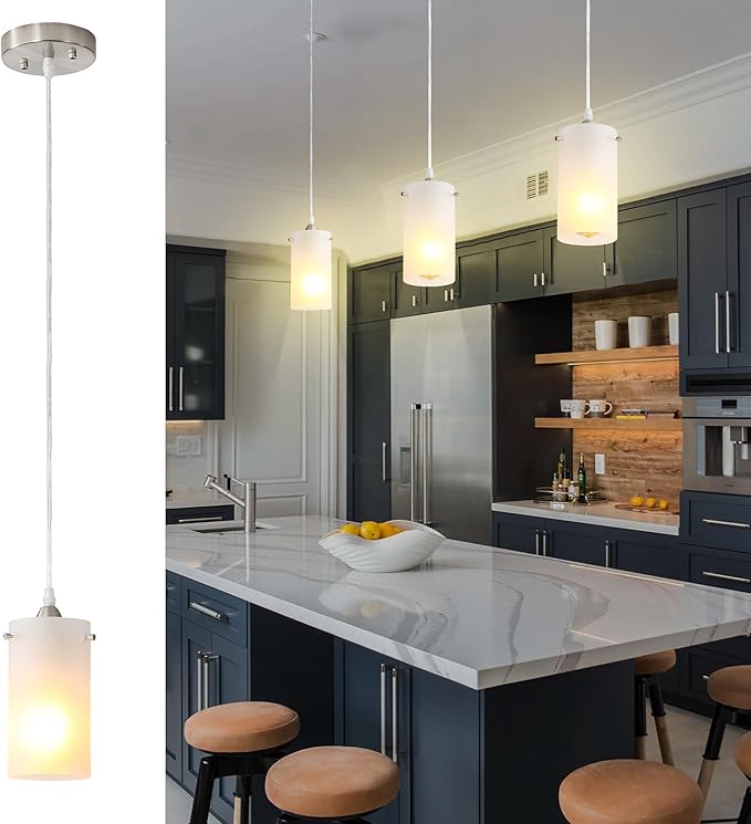 1-Light Mini Pendant Light Fixtures, Modern Chandelier Hanging Ceiling Light with White Frosted Shade, Brushed Nickel Pendant Lighting Adjustable Height, 2 Pack