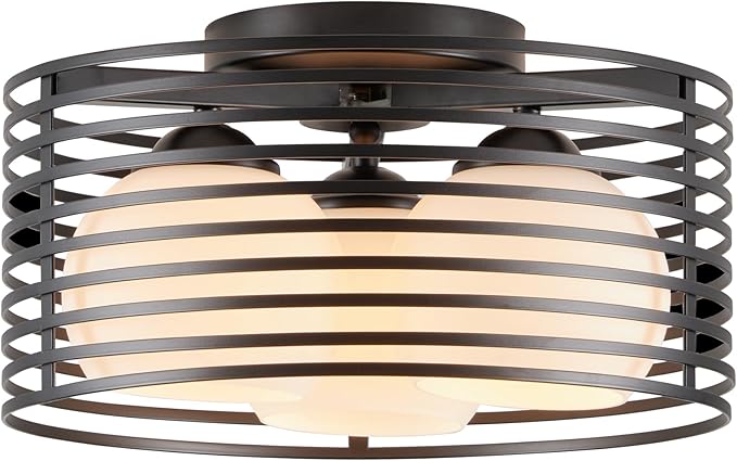 Modern Industrial Semi Flush Mount Ceiling Light, 3-Light Black Farmhouse Ceiling Light Fixture with Glass Shade, Hallway Lighting Fixture for Kitchen, Bedroom, Bathroom, Foyer, Laundry room 12.79in