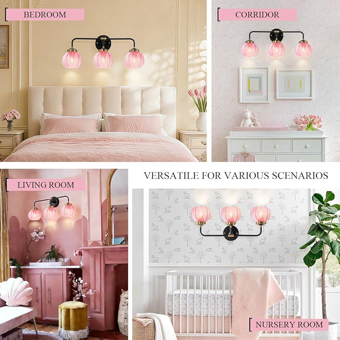 Modern Bathroom Light Fixture Pink Wall Lights with Ribbed Glass Shade 3-Lights Vintage Black Vanity Light Over Mirror Wall Sconce Decor Lighting Fixtures for Bath Farmhouse Bedroom
