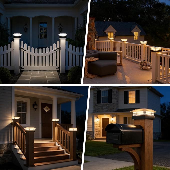 4x4 40 Lumens Post Solar Lights 12 Pack, Fence Post Solar Lights 4 Lighting Modes Solar Post Cap Lights for 4x4 3.5x3.5 Wood/Vinyl Posts, IP67 Waterproof Post Lights for Fence Mailbox Porch Post