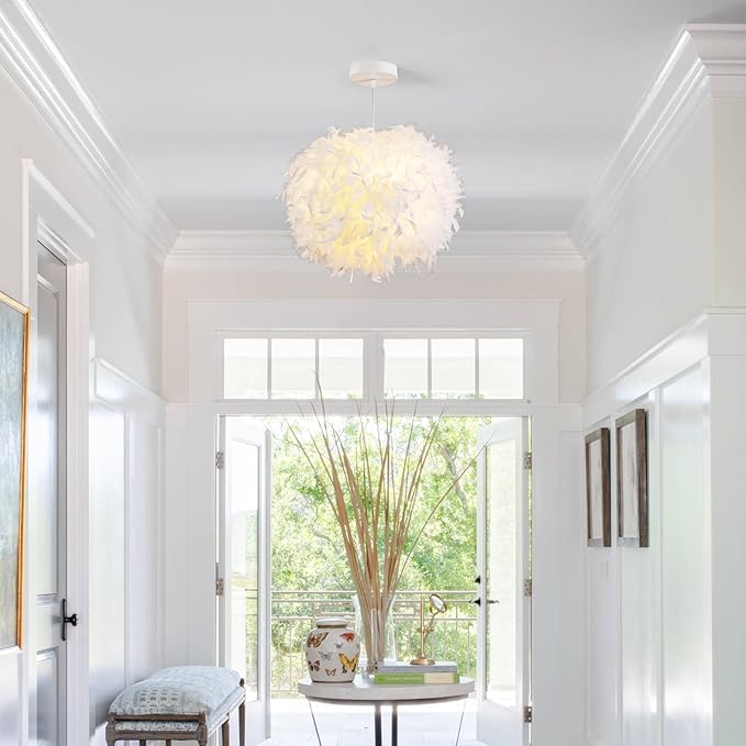 NZV White Feather Pendant Light for Bedroom 15.8in Modern Feathers Chandelier Light Fixture for Girls Room Romantic White Hanging Ceiling Lighting for Dining Room Kitchen Island Foyer Hallway