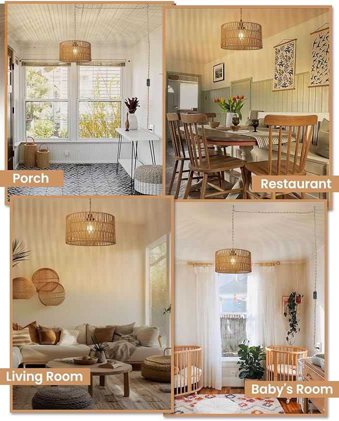 12.6 Inch Boho Hanging Light with Plug in Cord Rattan Hanging Lamp Hand Woven Rattan Wall Lightfor Bedroom, Living Room, Kitchen, Nursery, E26 Base, Indoor,Without Bulb