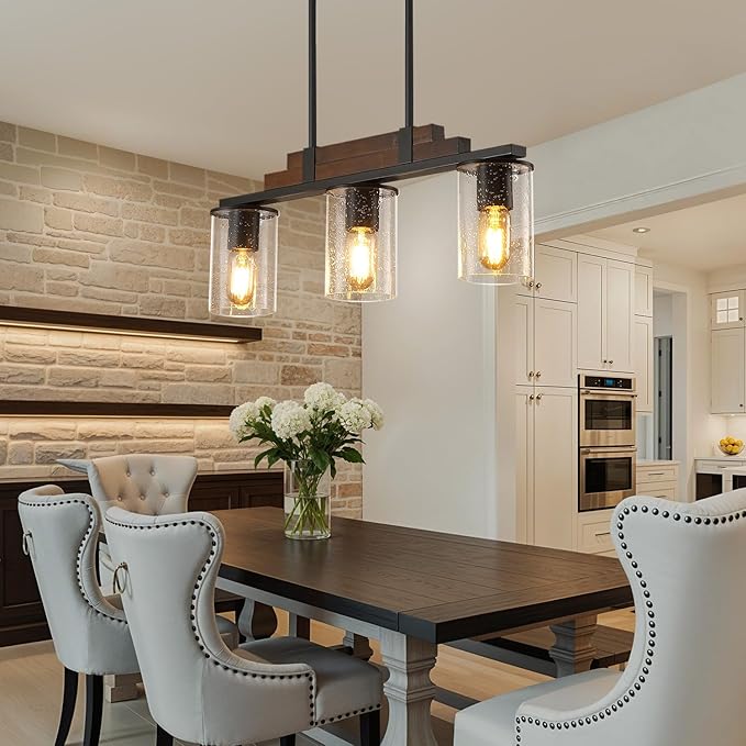 Farmhouse Wood Kitchen Island Lighting, 3-Light Adjustable Chandelier for Dining Room, Seeded Glass Shade Dining Room Light Fixture Over Table, Black Hanging Pendant Lights for Kitchen, Pool Table