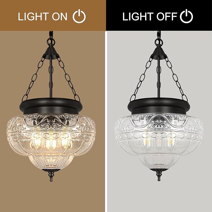 3-Light Matte Black Pendant Lights with 12In Floral Glass, Penant Lighting Fixtures with Adjustable Chain, Vintage Pendant Lights Kitchen Island, Hanging Light Fixtures for Dining Room, Entryway, E26