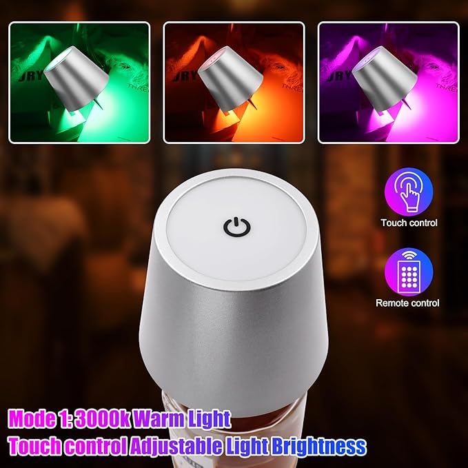 Wireless Bottle Lamp with Remote Control, Rechargeable RGB Wine Bottle with 3Modes Light Dimming, Waterproof Bottle Touch Lamp Head for Room, Bar, Restaurant and Party Decorations(Silver RGB)