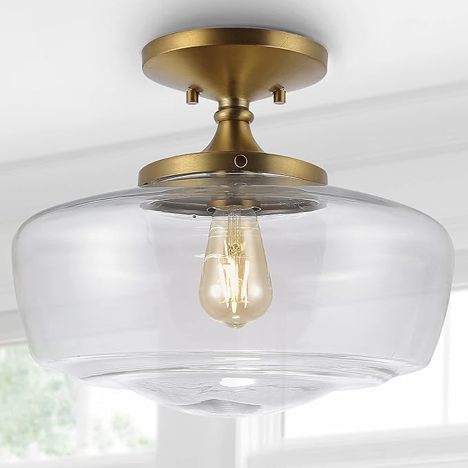 JONATHAN Y 14" Brass Gold Modern Farmhouse LED Flush Mount Light Fixture, Clear Glass Shade, Rustic Industrial Schoolhouse Lamp for Kitchen Hallway Bedroom (JYL7517B)