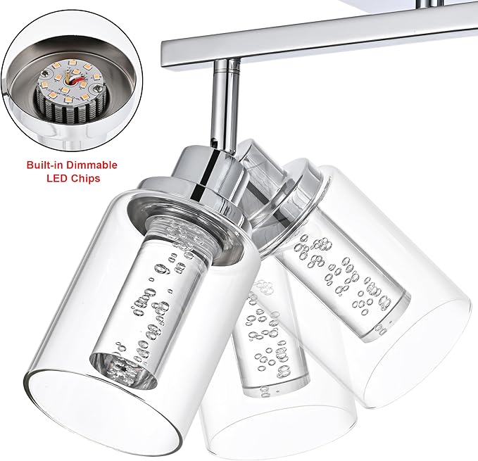 MELUCEE 5-Color Dimmbale LED Track Lighting Kit Chrome Ceiling Mount 3-Light Wall Scones Rotatable Spotlight Ceiling Light Fixture, Kitchen Track Lighting Bathroom Vanity Fixtures, Clear Glass