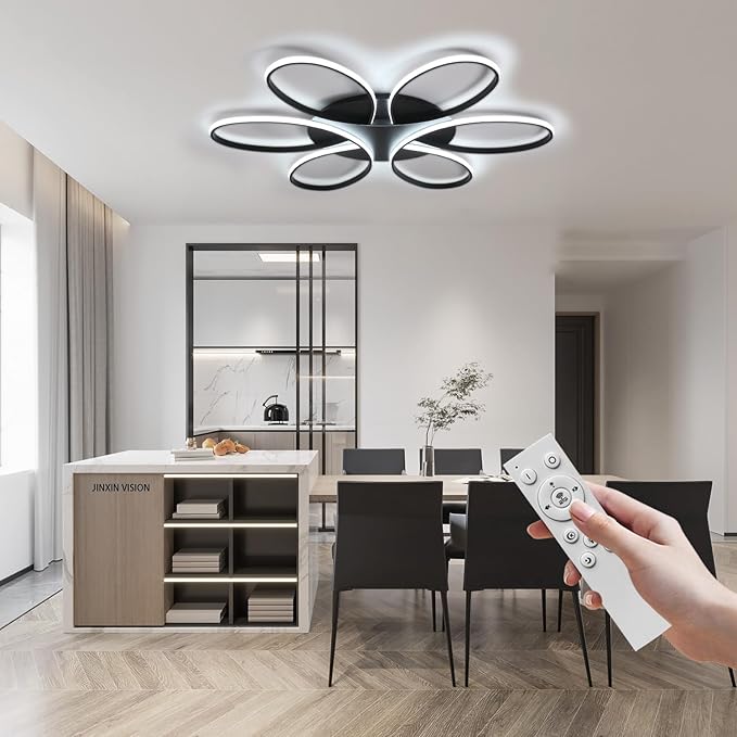 Modern LED Ceiling Light Fixture Black Flush Mount Ceiling Lamp with Remote Control Dimmable 6 Rings Flower Shaped Ideal for Living Room Bedroom Dining Room Kitchen(120CM/47.3IN)
