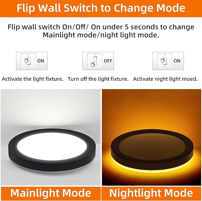 Hlite 7.5 Inch Flush Mount LED Ceiling Light with Night Light, CRI90, 15W, 1500 LM, 3000K/4000K/5000K Selectable, Flat Round LED Ceiling Light, Dimmable Bedroom Lights for Ceiling, Black(2Pack)