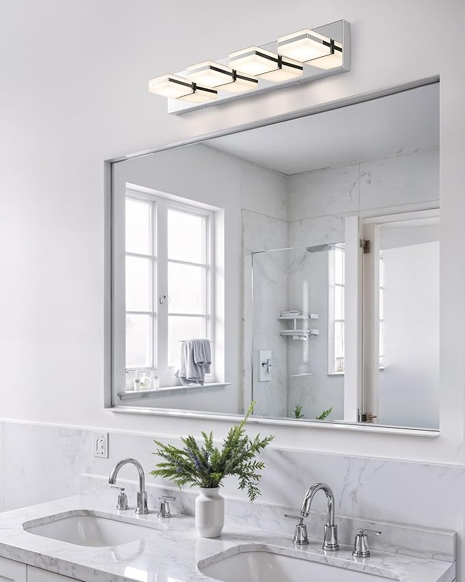 VONLUCE Bathroom Vanity Light Fixture, 4-Light Modern LED Vanity Light, 3CCT Adjustable Bathroom Lights with Memory Function Rotatable Shades, 26" Wall Lighting Fixture Over Mirror, Chrome