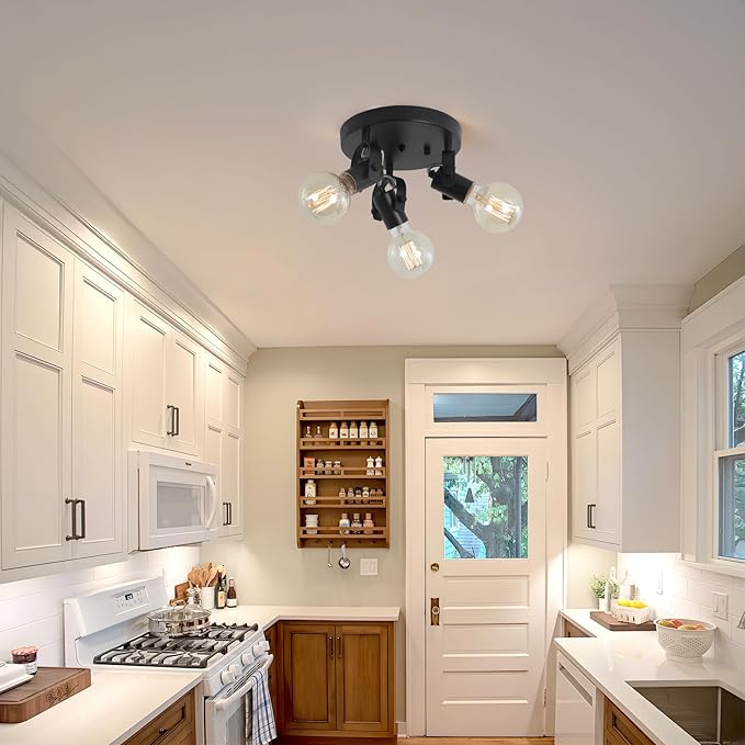 3-Light Flush Mount Ceiling Spotlight,Multi-Directional Track Lighting Fixtures Ceiling with Open No Shade Design, Black Kitchen Light for Island, Sink,Dining Room, Hallway (E26, Bulb Not Included)