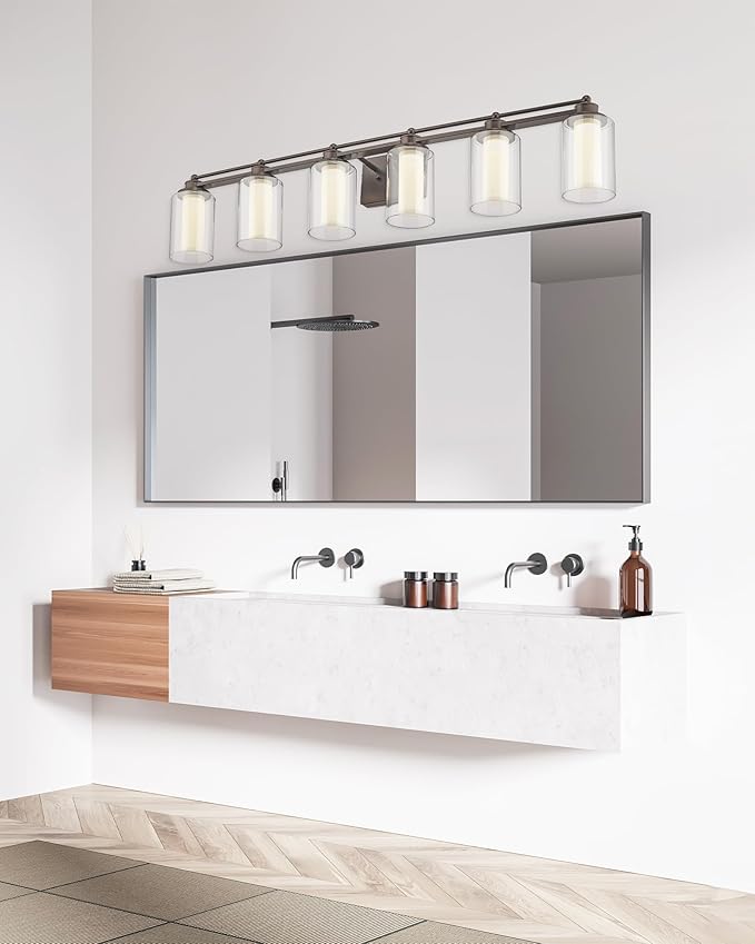 Bathroom Light Fixtures 6 Light, HWH Oil-Rubbed Bronze Vanity Light Over Mirror, 44 Inch Wall Lights with 36W 5CCT Dimmable LED, 5HLT63B-6W-LED ORB