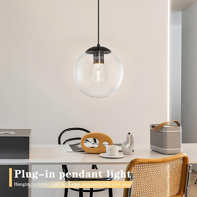 KoKo&Yukina 10" Globe Pendant Light Black Plug in Pendant Light Adjustable Hanging Lights with Plug in Cord Matte Black Finished with Clear Glass Lampshade for Bedroom Kitchen Island(Bulb Included)