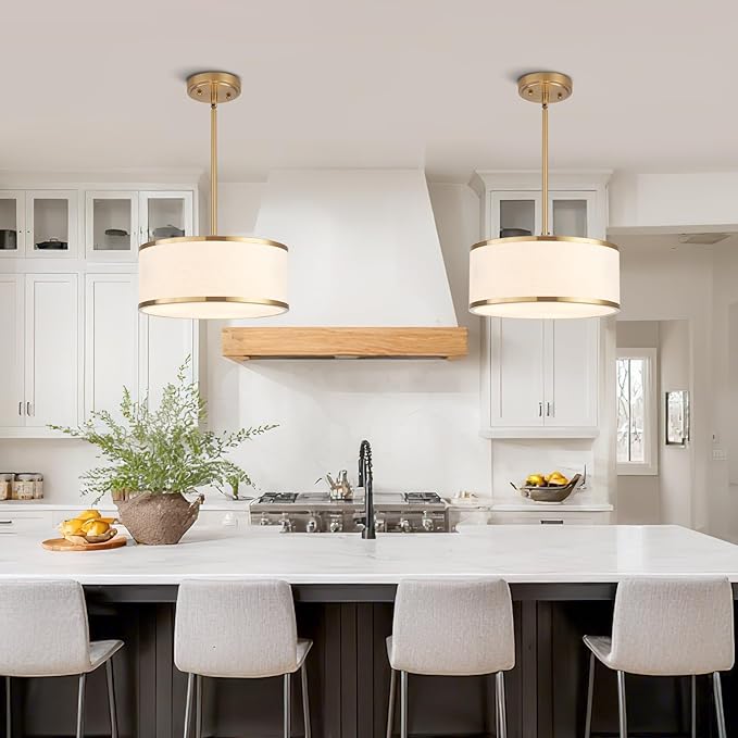 12.6" Drum Pendant Light Fixture 3-Light Gold Chandelier with Fabric Shade for Kitchen Dining Room Island Bedroom