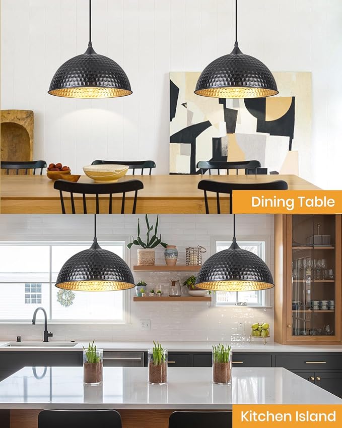 Black Pendant Lights Kitchen Island 12 Inch, Vintage Hammered Pendant Light Fixtures Adjustable Height Dome Pendant Light for Dining Room Bedroom Bar