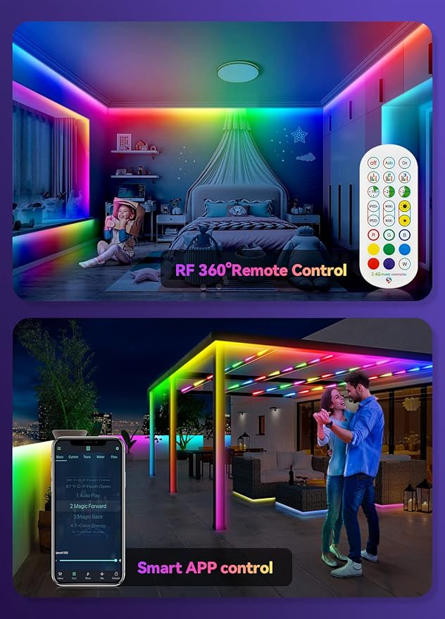 52FT Continuous RGB+IC Outdoor Led Strip Lights Waterproof with RF Remote & Bluetooth Music Sync App Control, Long Color Changing LED Rope Lights,IP67,24V