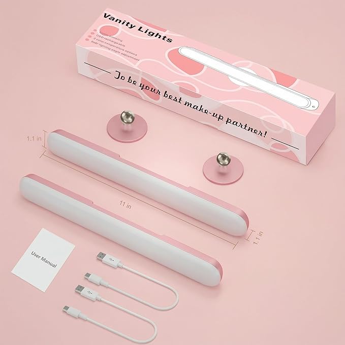 Benreom 2 Pack Wireless Vanity Lights for Mirror, Rechargeable Battery Operated Makeup Light, Adjustable Light Bar, Magnetic Stick on LED Lighting Bathroom Decor Accessories, Pink