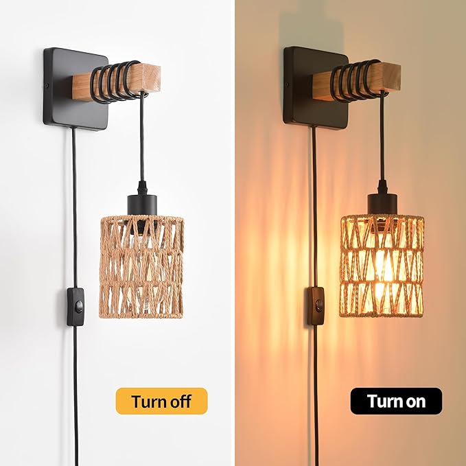 Rustic Wall Sconces Fixtures with Plug in Cord, Set of Two Indoor Vintage Rattan Wall Light Industrial Lamp Fixture Farmhouse Metal Sconces Light for Bedroom Bedside Living Room