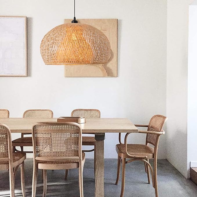 23.6" Bamboo Pendant Light Hand-Woven Rattan Hanging Lamp Boho Bamboo Chandelier for Dining Living Bedroom Kitchen Farmhouse