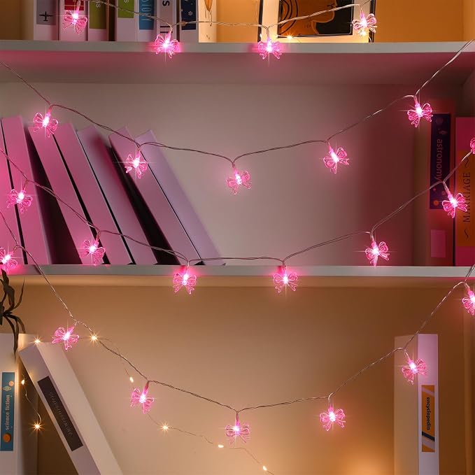 Glooglitter Pink Bow String Light Mini Bow Decor for Girl Room 9.84 ft 20 LED Fairy Light String Battery Power Operated Waterproof Cute Twinkle Decor for Bedroom Wedding Birthday Indoor Outdoor Party