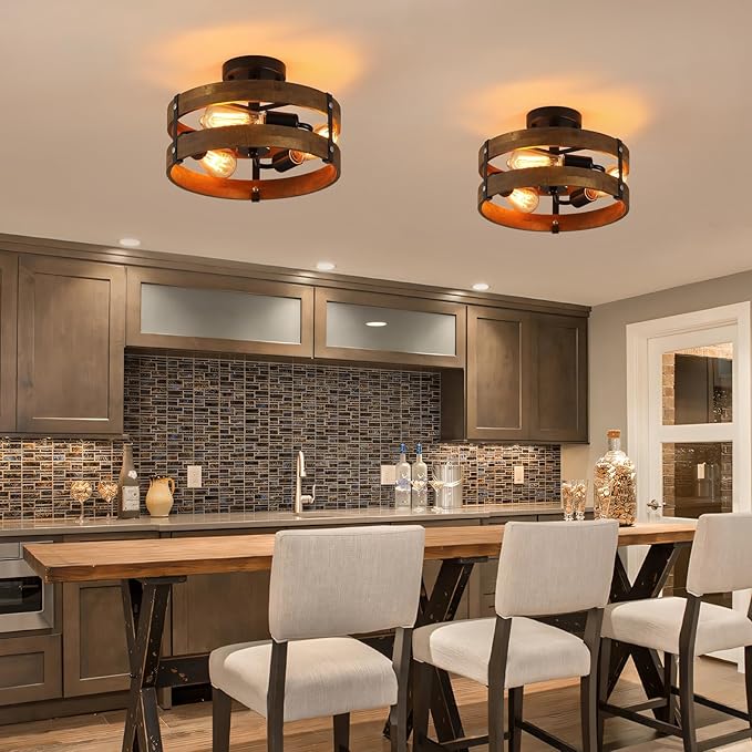 3-Light Rustic Farmhouse Wood Flush Mount Ceiling Light Fixture 12.59 inch Oak Wood and Metal Round Cage Semi Flush Mount Ceiling Light for Hallway Entry Bedroom Kitchen Hall Farmhouse, Black