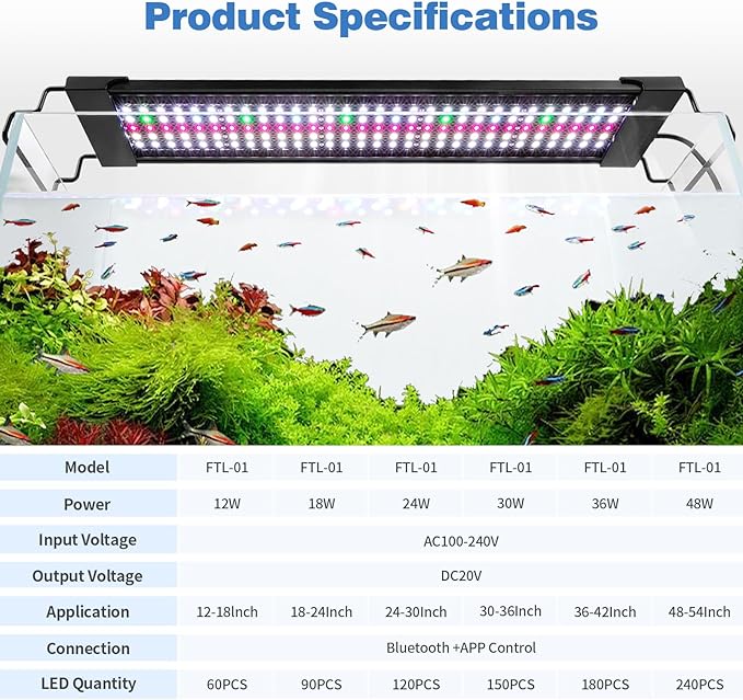 Bluetooth LED Aquarium Light with APP Control, 3 Modes for 18-24 Inch Fish Tank Light with Full Spectrum White Blue Red Green Lights, IP68 Waterproof with Extendable Brackets for Freshwater