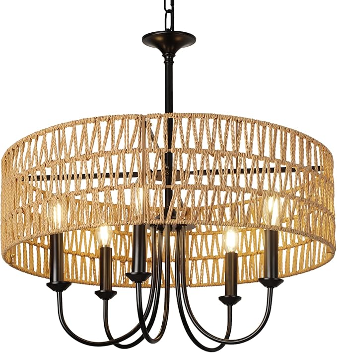 24 Inch Farmhouse Rattan Chandelier, Hand-Woven Boho Pendant Light Fixture with Black Metal Frame, Rustic Hanging Ceiling Lighting for Dining Room, Kitchen Island, Living Room, Bedroom
