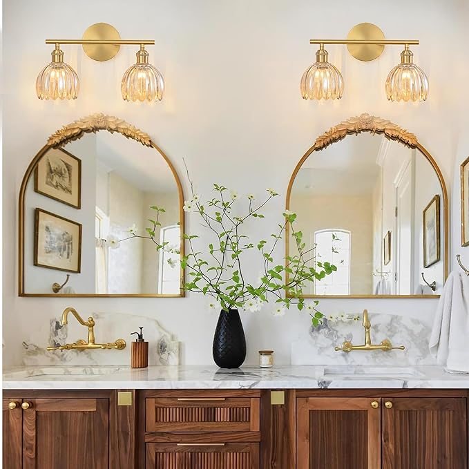Gold Bathroom Light Fixtures Over Mirror, 2 Light Bathroom Vanity Light Fixture with Tulip Amber Glass Lampshade, Vintage Vanity Lights for Bathroom, Bathroom Vanity Lights Over Mirror
