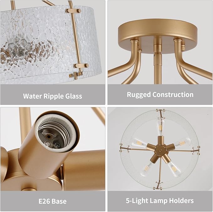 Semi Flush Mount Ceiling Light Fixture,Glass Drum Kitchen Lighting Fixtures Ceiling,18''Gold Modern Light Fixture Chandelier,5-Light Foyer Lighting Fixtures for Living Room Hallway Foyer Porch