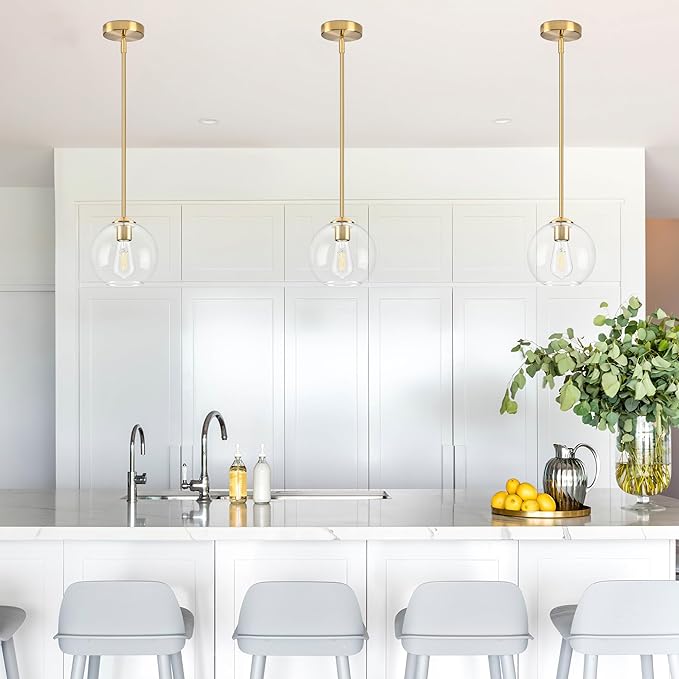 7 Inch Brass Modern Pendant Lights Kitchen Island Mid Century Modern Pendant Light Fixtures with Clear Glass Globe Modern Hanging Pendant Light for Bathroom Bedroom (Bulb Incl)