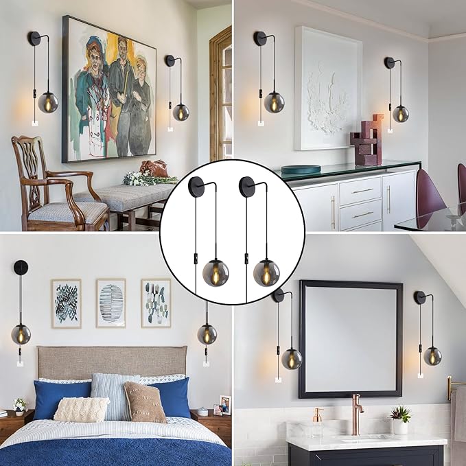 KUZZULL Wall Sconces Set of Two Matte Black Wall Lights for Bedroom Plug in Wall Sconces Set of 2 with Globe Smoke Grey Glass Shade Wall Lamp with Plug in Cord Sconces Wall Decor Set of 2 with Switch