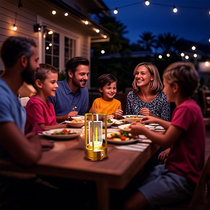 Outdoor Table Lamp, 4000mAh Rechargeable Battery Operated lamp, 3 Color Stepless Dimmable Cordless Table Lamp for Patio, Camping, Coffee Table, Crystal Lantern lamp for Indoor/Outdoor (Gold Set of 2)