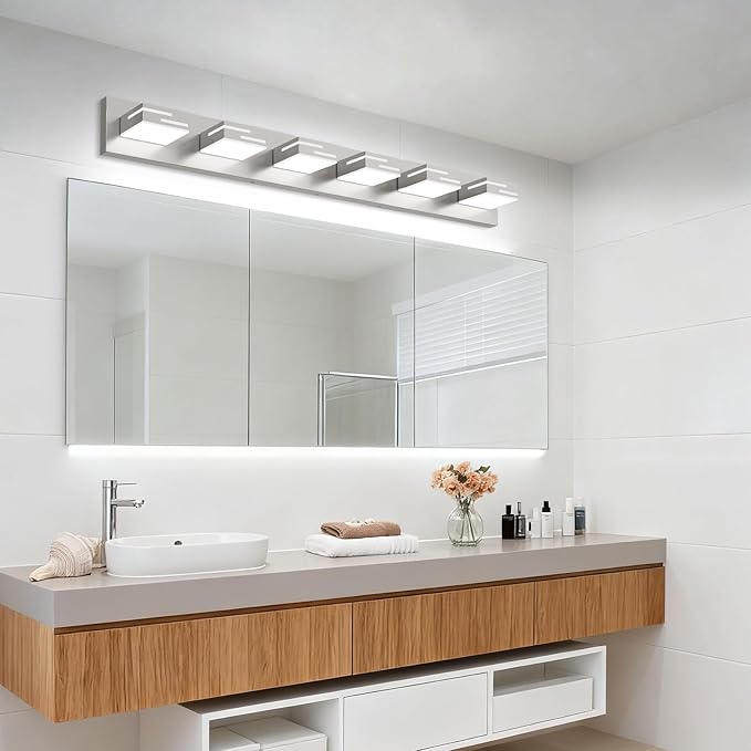 LED Modern Bathroom Vanity Light Fixtures, 6-Light 40-inch Dimmable Brushed Nickel Vanity Lights for Bathroom Lighting Fixtures Over Mirror, with 360° Rotatable Acrylic Heads (Cool White 6000K)