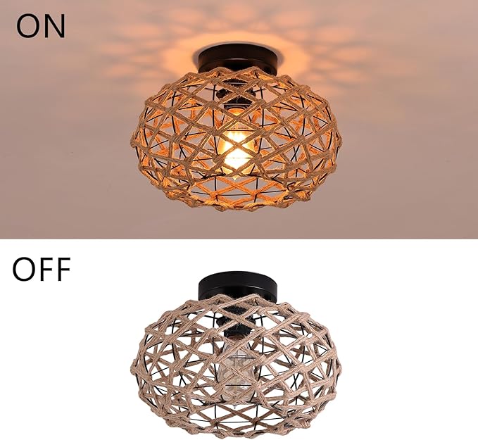 Coastal Woven Flush Mount Ceiling Light Fixture Boho Rustic Hemp Rope Round Cage Semi Flush Mount Ceiling Light for Hallway Kitchen Entry Bedroom Farmhouse Beach, Black