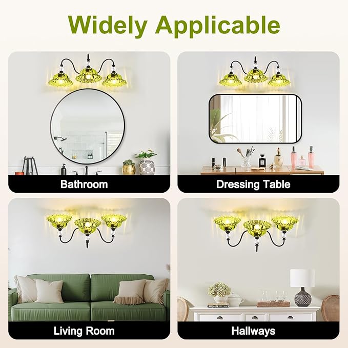 Vintage Bathroom Vanity Light Fixtures 3 Lights Matte Black Vanity Lights for Bathroom with Floral Green Crystal Glass Shades Vanity Wall Lights for Mirror Bedroom Living Room Hallway